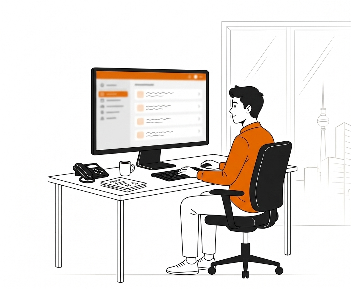 Buchhaltung arbeitet am Schreibtisch im velolease Portal
