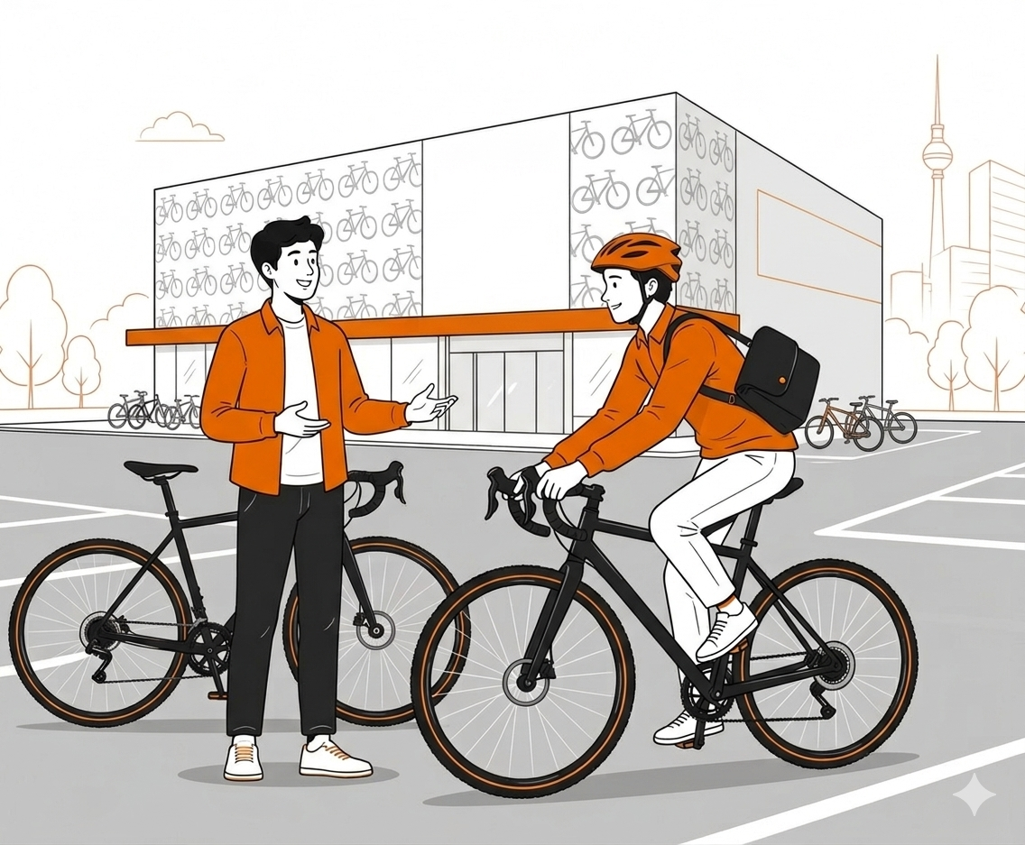 Kunde bei Probefahrt auf dem Parkplatz des Fahrradladens mit Verkäufer.
