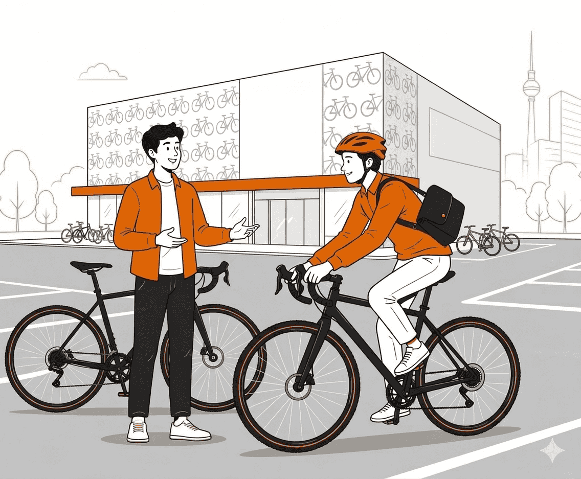 Kunde bei Probefahrt auf dem Parkplatz des Fahrradladens mit Verkäufer.