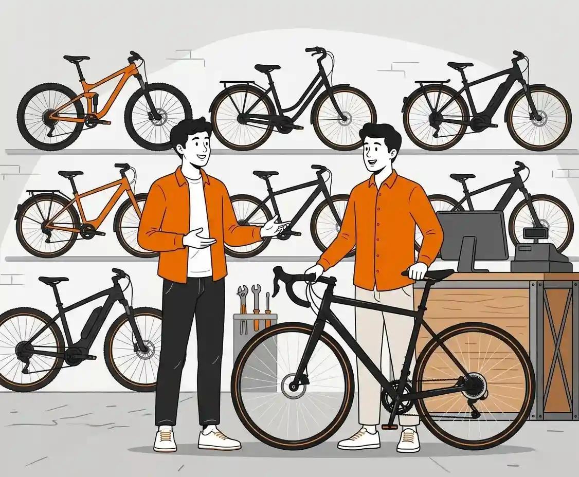 Beratungsgespräch im Fahrrad-Fachhandel mit einem Verkäufer und einem Kunden.