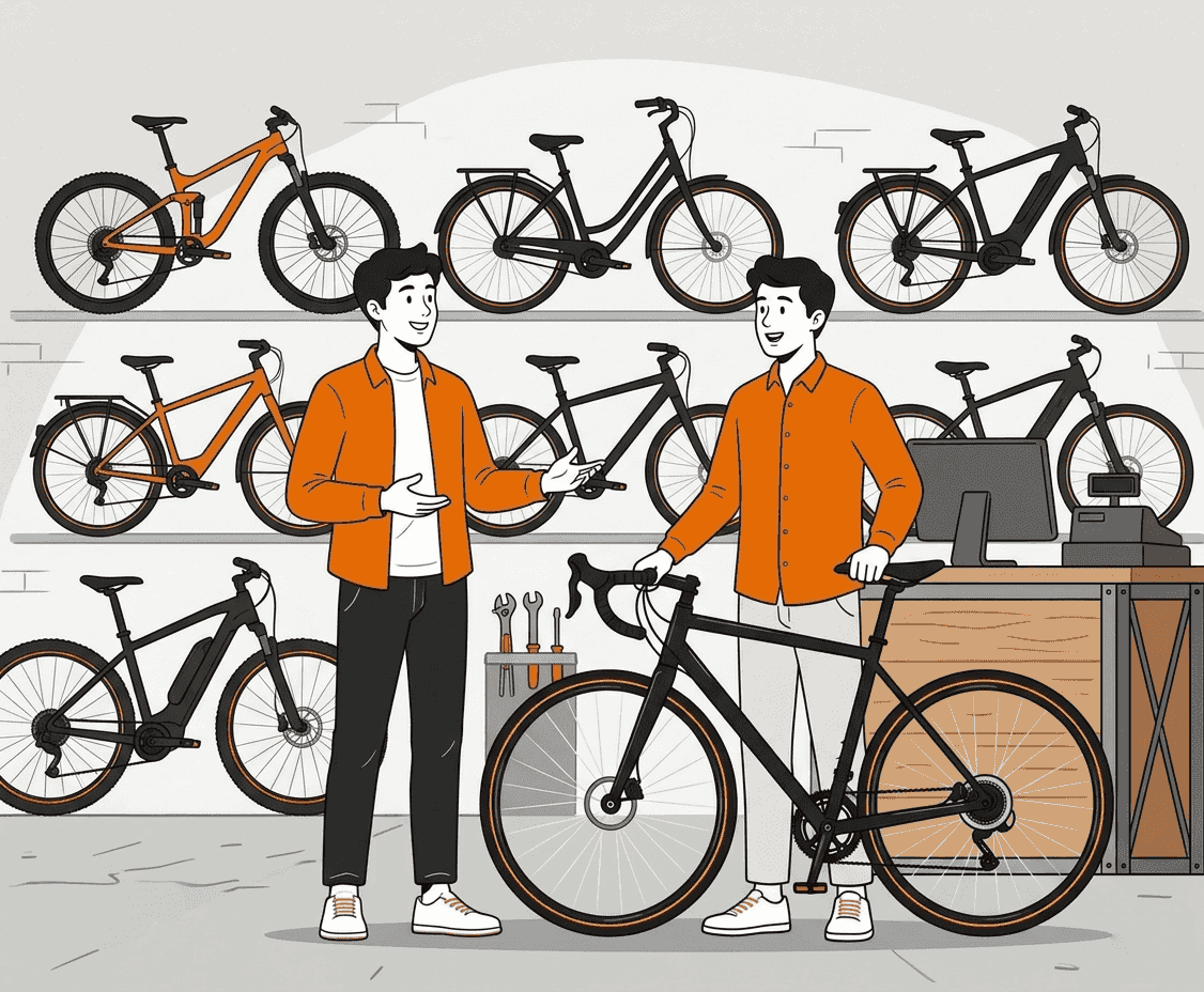Beratungsgespräch im Fahrrad-Fachhandel mit einem Verkäufer und einem Kunden.