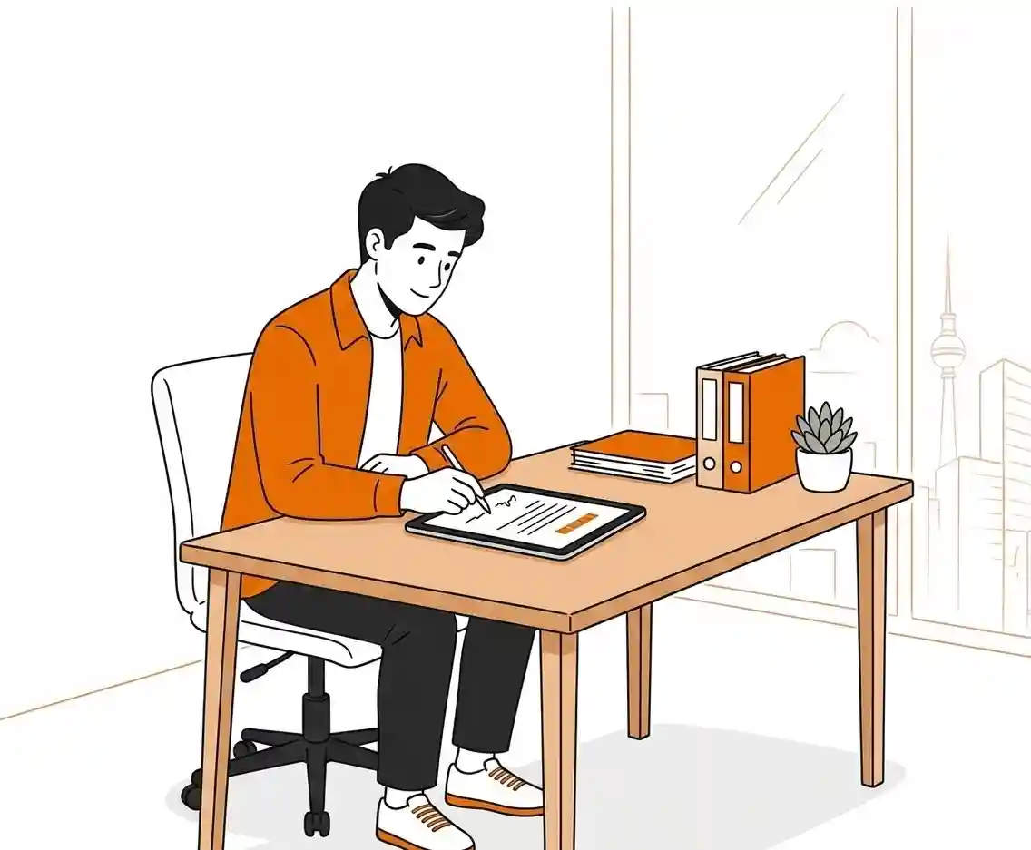 Mitarbeiter unterschreibt den Leasing-Vertrag auf dem Tablet. Sitzt am Schreibtisch in seiner Wohnung.