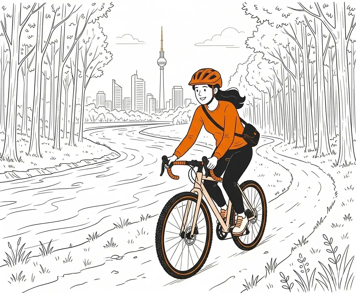 Glückliche Kundin fährt mit ihrem Gravelbike am Fluss entlang.