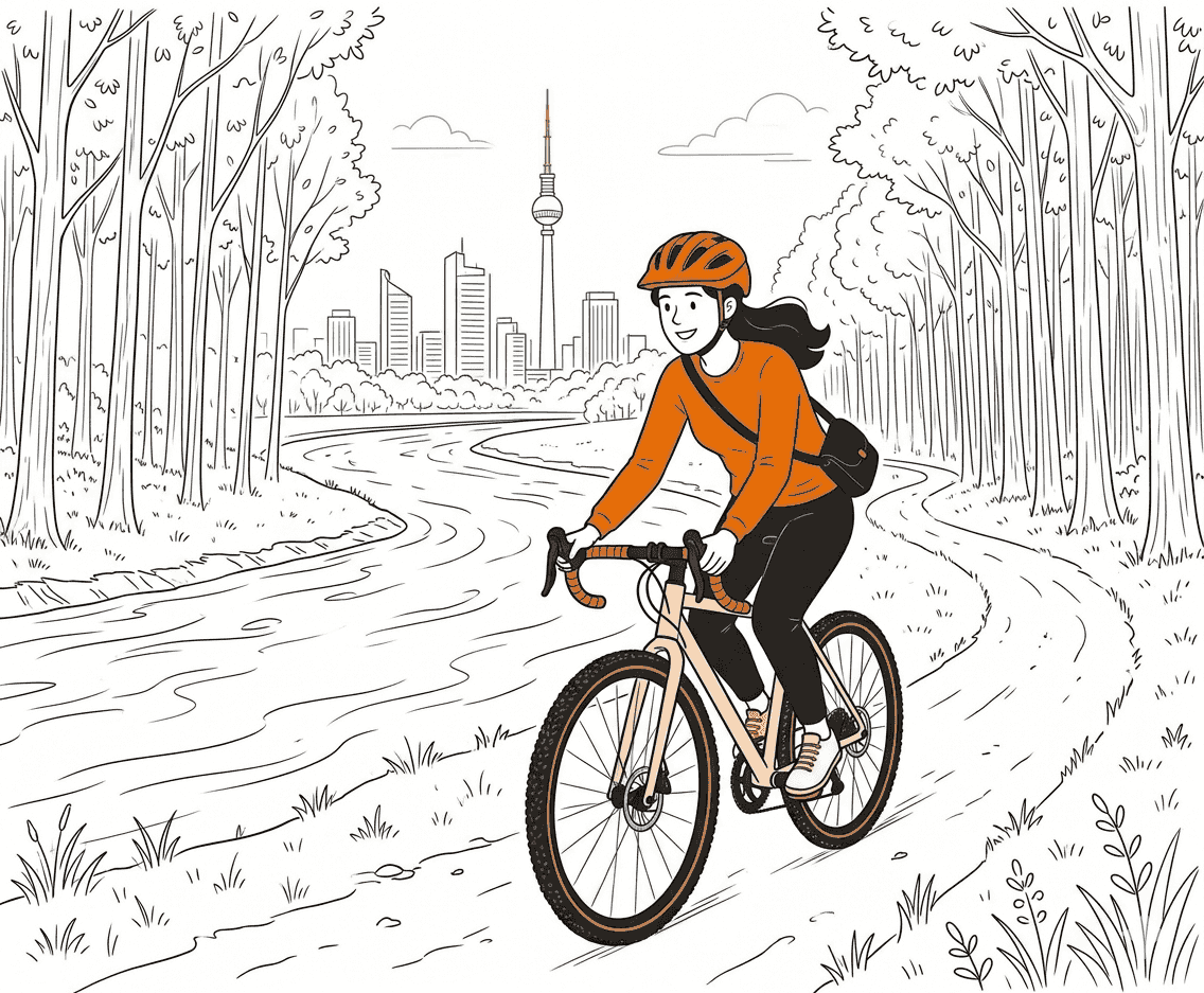 Glückliche Kundin fährt mit ihrem Gravelbike am Fluss entlang.