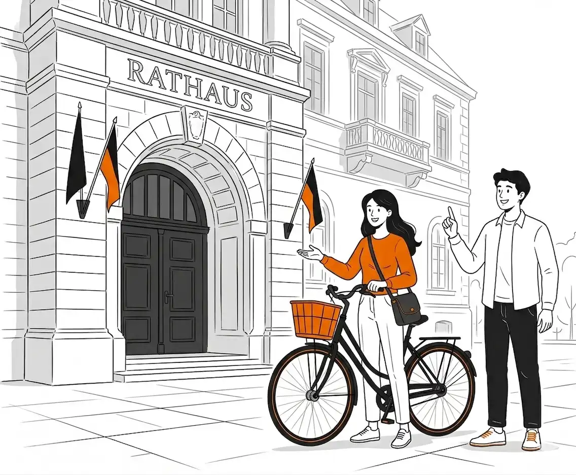 Eine Mitarbeiterin mit Ihrem Dienstrad und ein Mitarbeiter vor dem Rathaus.