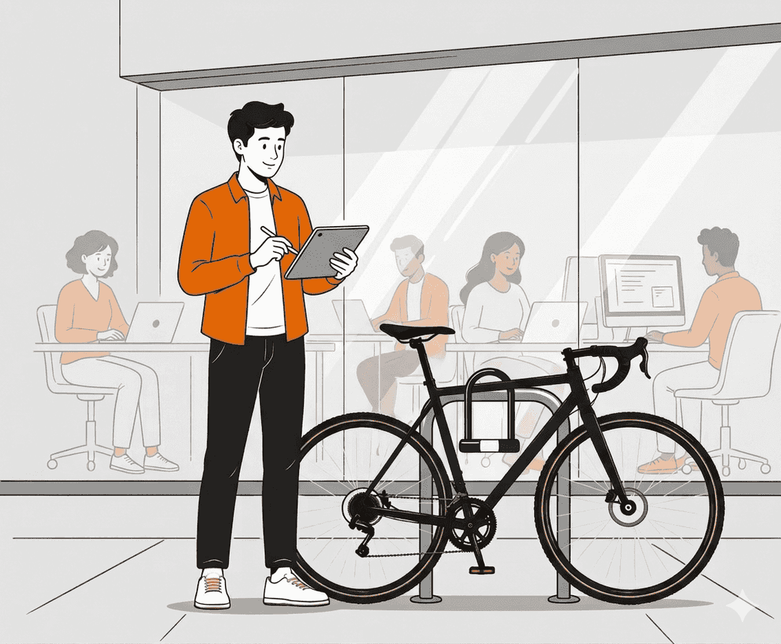Selbständier mit Tablet vor Co-Working Space. Im Vordergrund sein Dienstrad, angeschlossen am Fahrradständer.