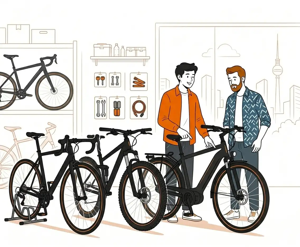 Kunde beim Fahrradauswahl im Fahrradladen. Hier stehen 3 Räder zur Auswahl. Ein Gravelbike, ein Fully-Mountainbike und ein City-E-Bike mit integriertem Akku.