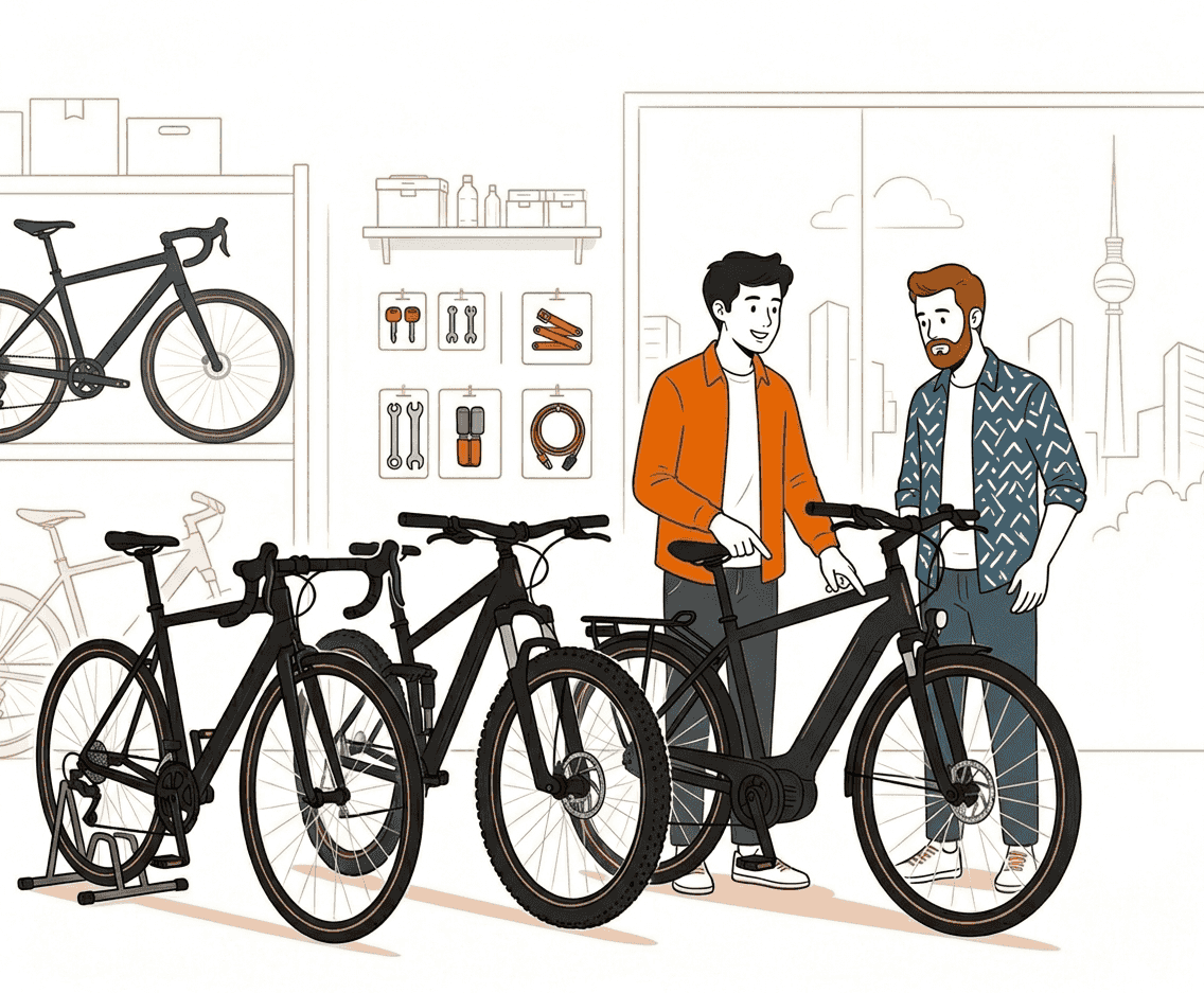 Kunde beim Fahrradauswahl im Fahrradladen. Hier stehen 3 Räder zur Auswahl. Ein Gravelbike, ein Fully-Mountainbike und ein City-E-Bike mit integriertem Akku.