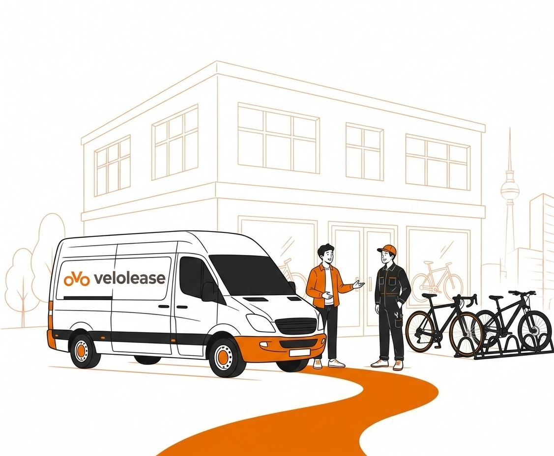 Team velolease Tourbus vor velolease Unternehmensgebäude.