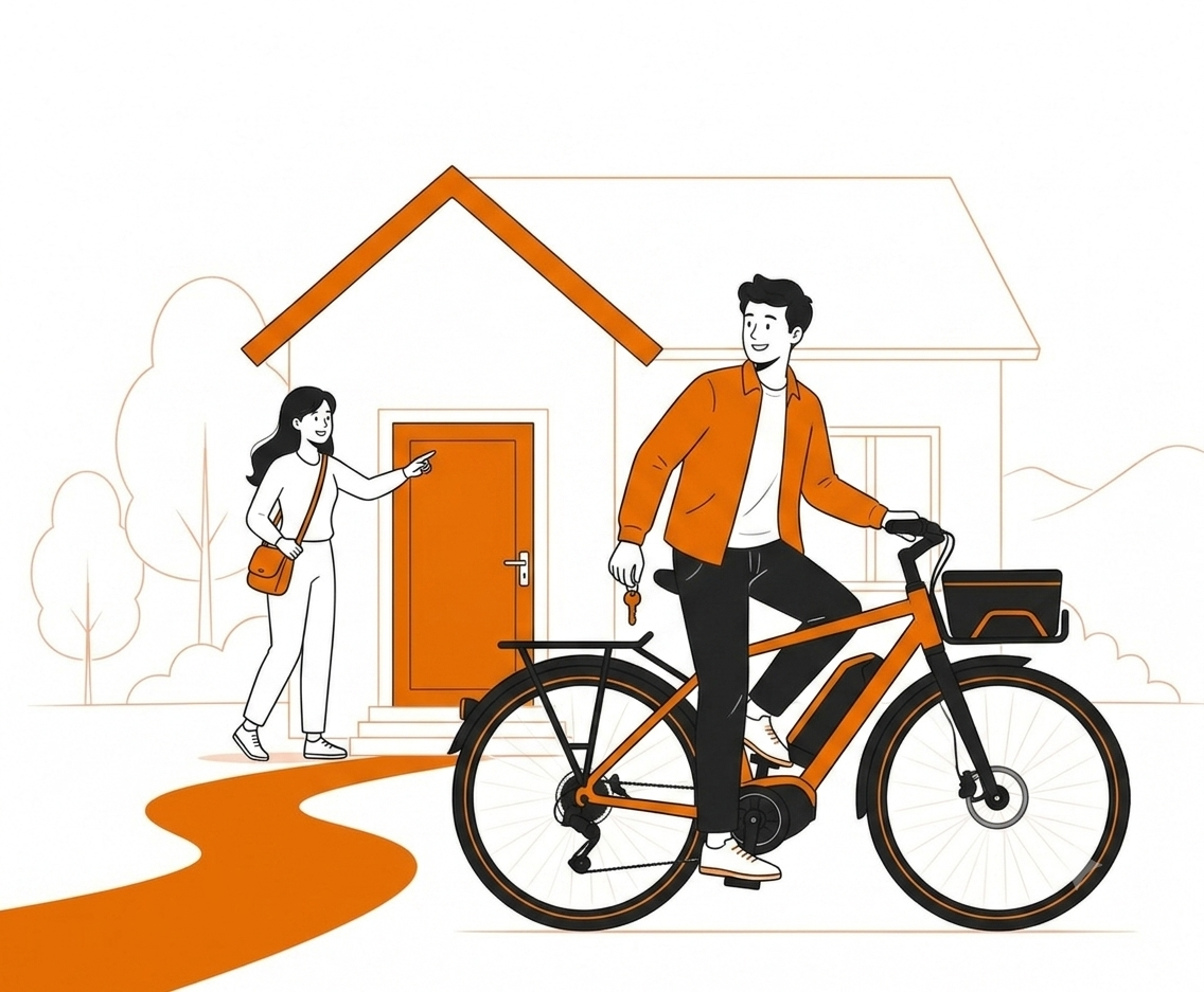 Ein Mann sitzt auf seinem E-Bike und fährt von zu Hause los. Er schaut zu seiner Frau und verabschiedet sich.