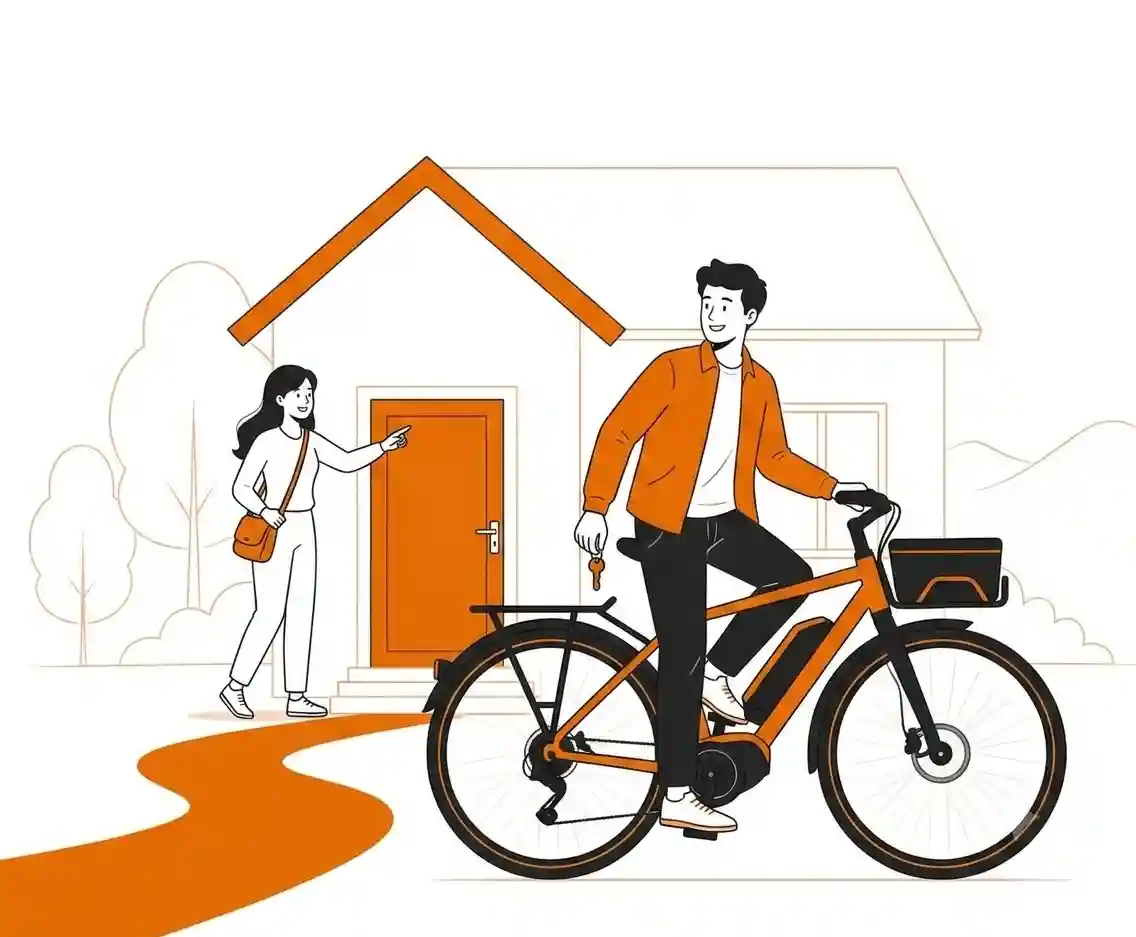 Ein Mann sitzt auf seinem E-Bike und fährt von zu Hause los. Er schaut zu seiner Frau und verabschiedet sich.