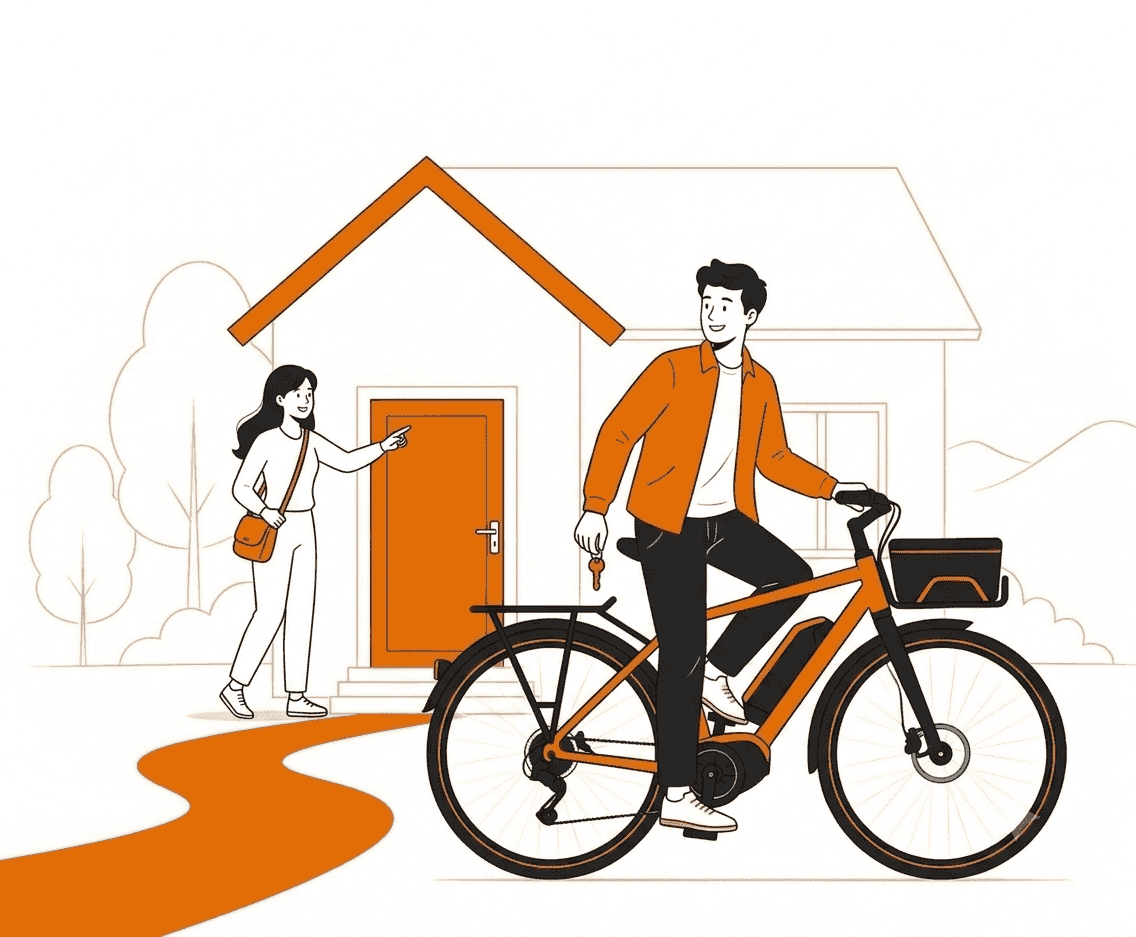 Ein Mann sitzt auf seinem E-Bike und fährt von zu Hause los. Er schaut zu seiner Frau und verabschiedet sich.