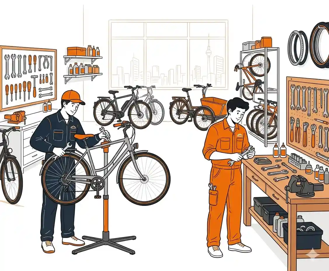 Blick in die Werkstatt mit zwei Mitarbeitern. Ein Mitarbeiter am Fahrradständer und einer an der Werkbank stehend.