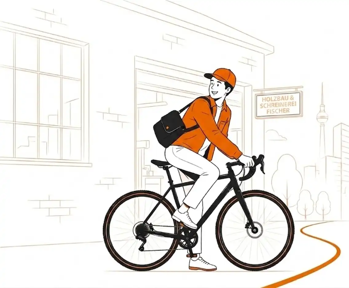 Mitarbeiter steigt vor einem kleinen Betrieb auf sein Gravelbike